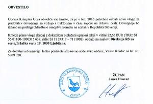 Dovoljenje za vožnjo s traktorji v času zapore na državni cesti 1